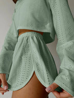 Eyelet Round Neck Top Shorts Set (9)