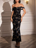Off-shoulder Ruched Floral Mermaid Dress (29)