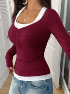 Scoop Neck Long Sleeve Fake Two-piece T-shirt (24)