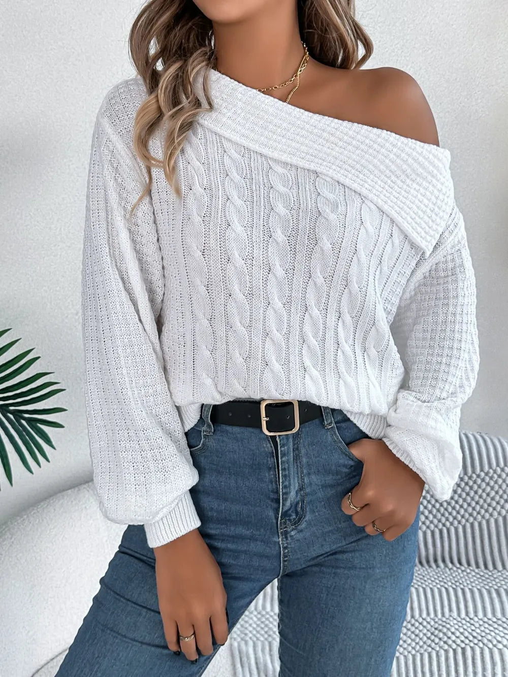 Cable-knit One Shoulder Long Sleeve Sweater (15)