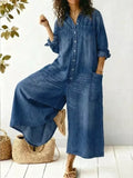 Full Size Button Front Wide Leg Jumpsuit Chest Pockets Plus