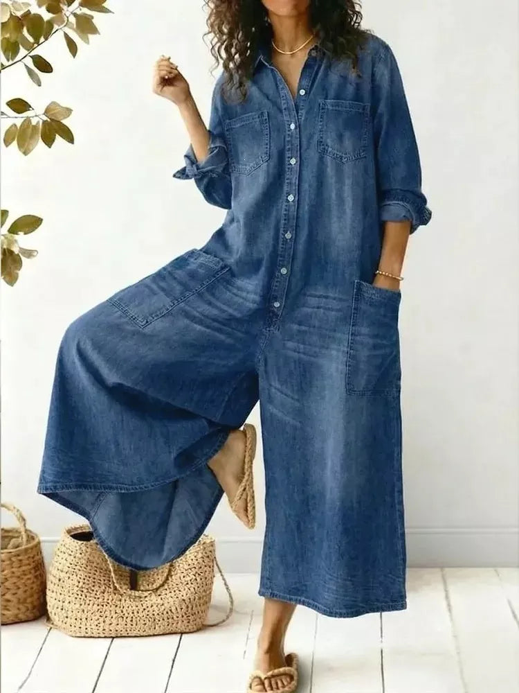 Full Size Button Front Wide Leg Jumpsuit Chest Pockets Plus