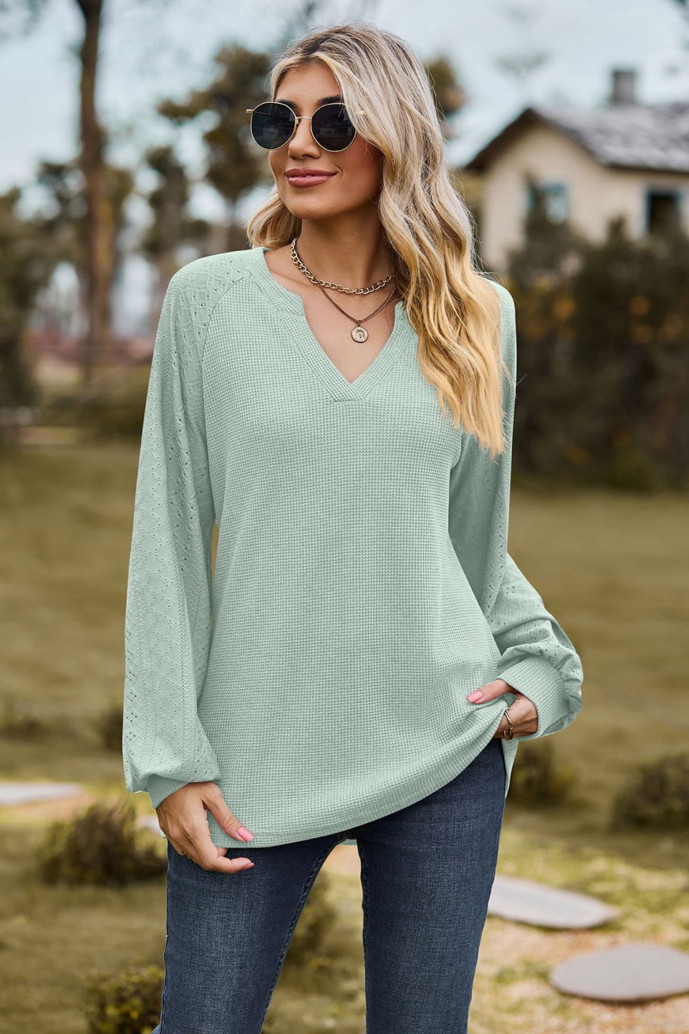 Notched Neck Raglan Sleeve Blouse (11)