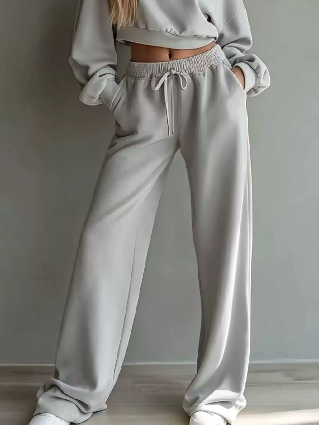 Round Neck Cropped Sweatshirt Wide-leg Pants Set (6)