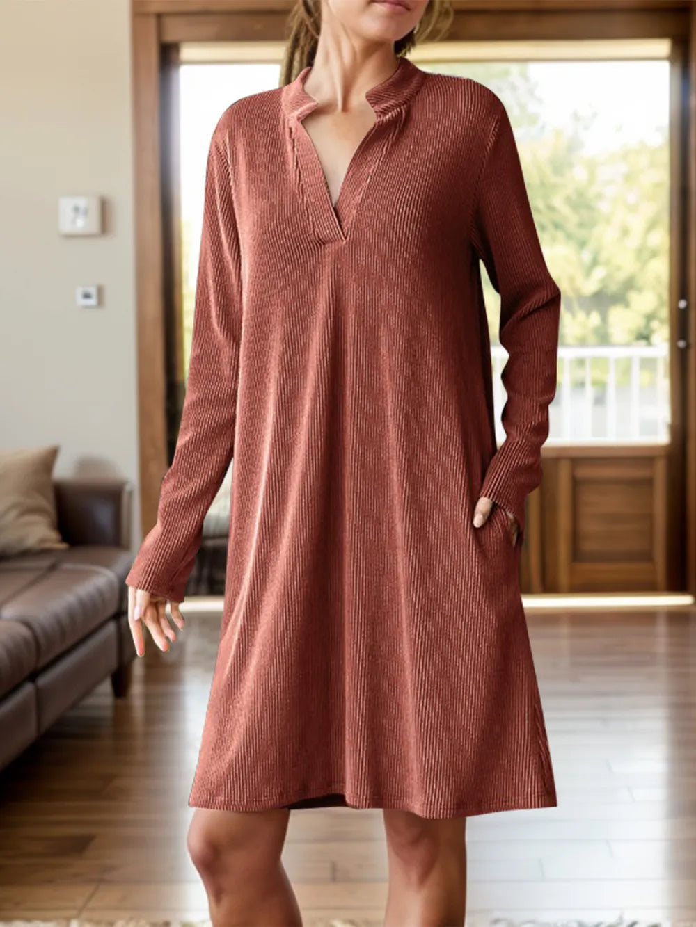 Notched Long Sleeve Mini Dress Pockets (2)