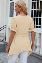 Swiss Dot Tie Waist Flounce Sleeve Blouse (20)