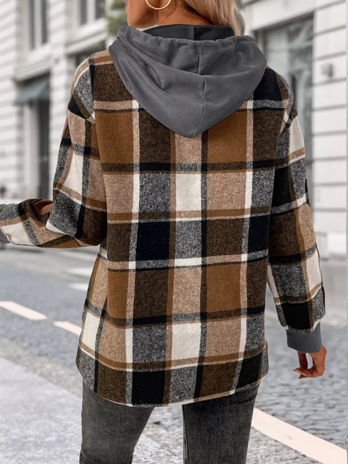 Plaid Drawstring Long Sleeve Hoodie (4)
