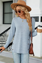 Decorative Button Round Neck T-shirt (14)