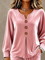Elegant Velvet Decor-button Top Pants Set (2)