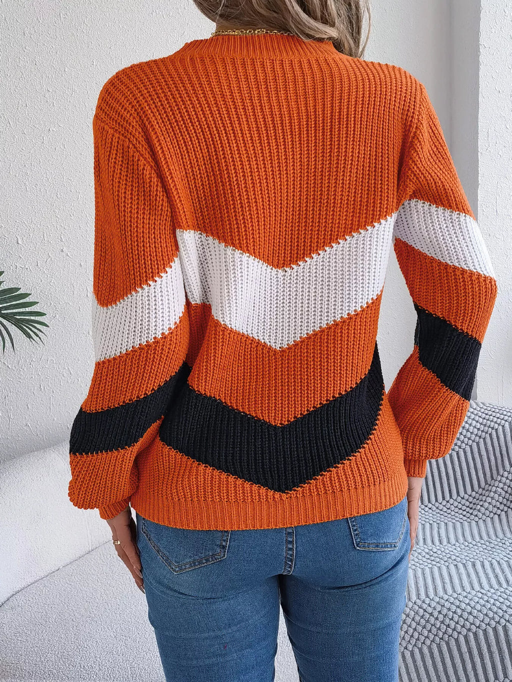 Chevron Stripe Block Round Neck Sweater (2)