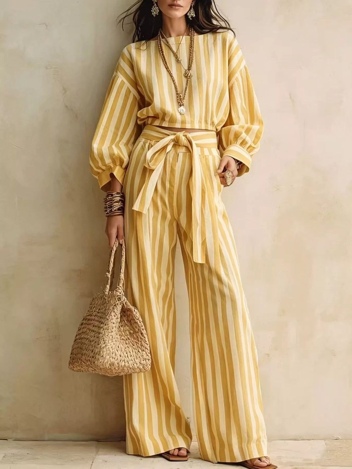 Striped Long Sleeve Top Pants Two-piece Set (14)