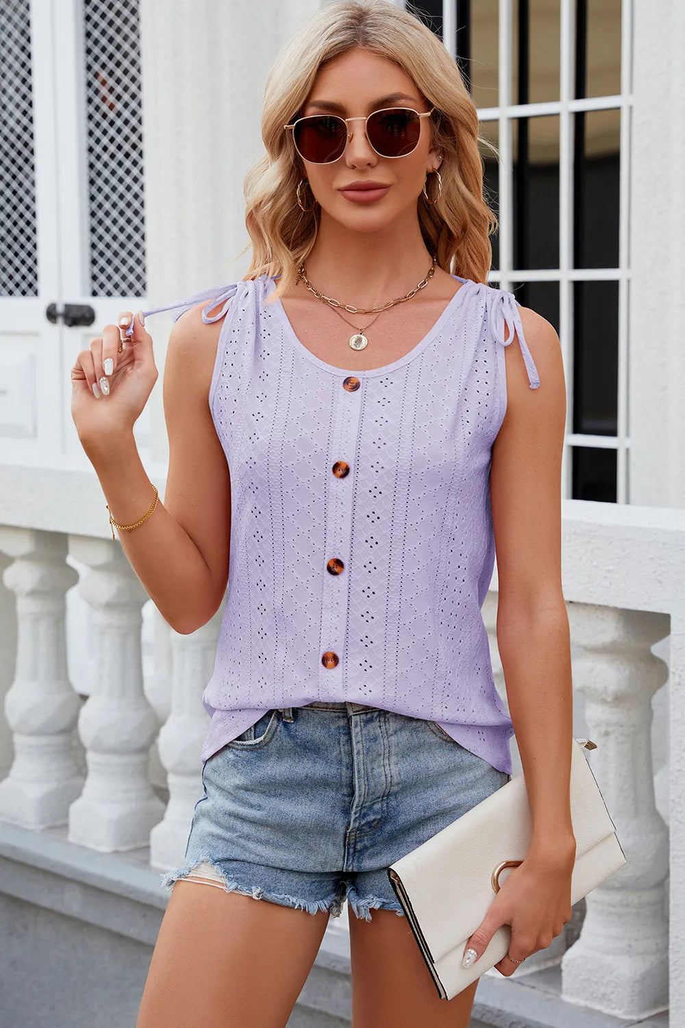 Eyelet Round Neck Wide Strap Tank (35)