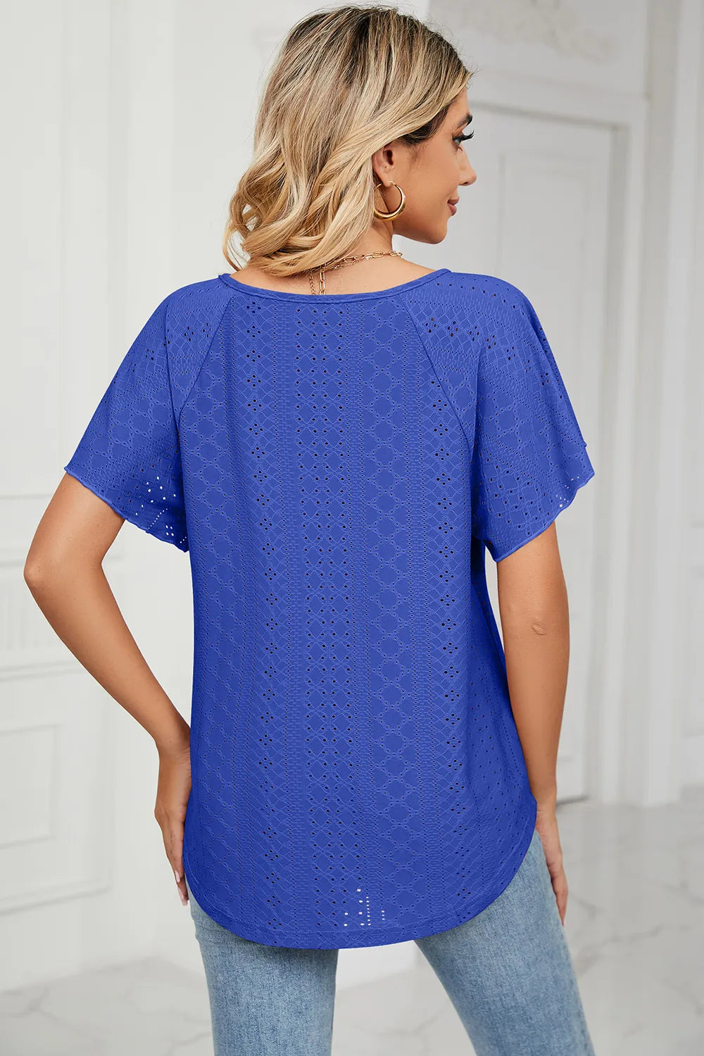 Eyelet Tie Neck Flutter Sleeve Blouse (2)