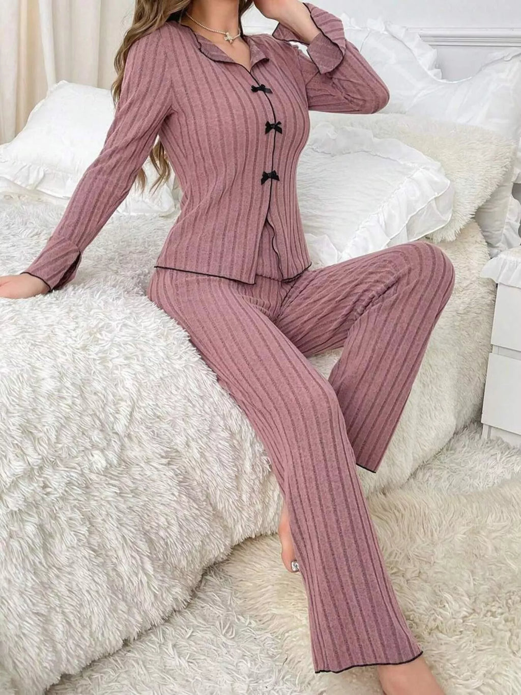 Contrast Bow Detail Top Pants Lounge Set (12)