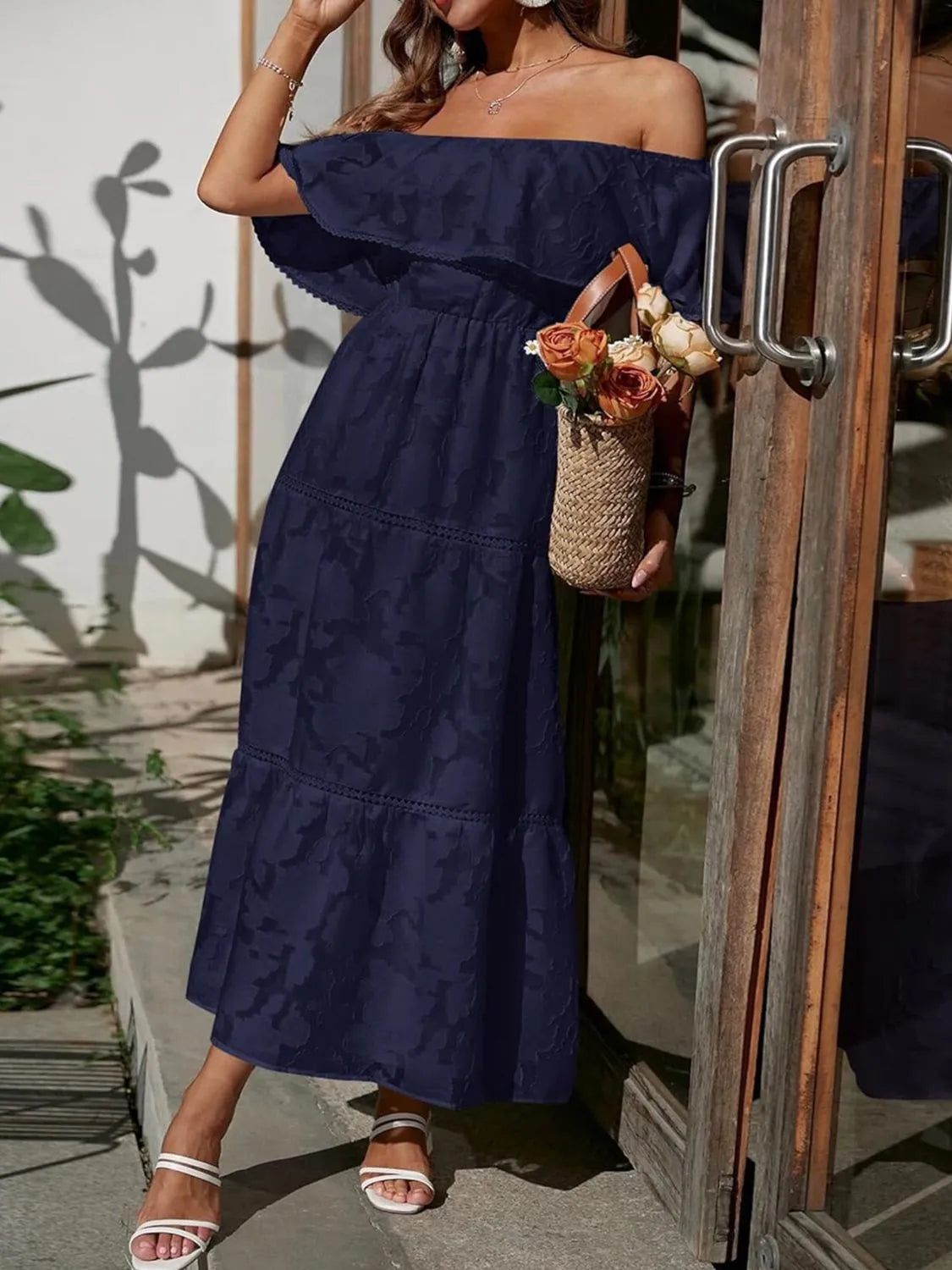 Ruched Off Shoulder Short Sleeve Midi Dress (6)