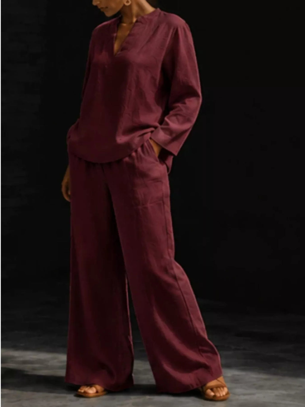 Notched Long Sleeve Top Pants Set (19)