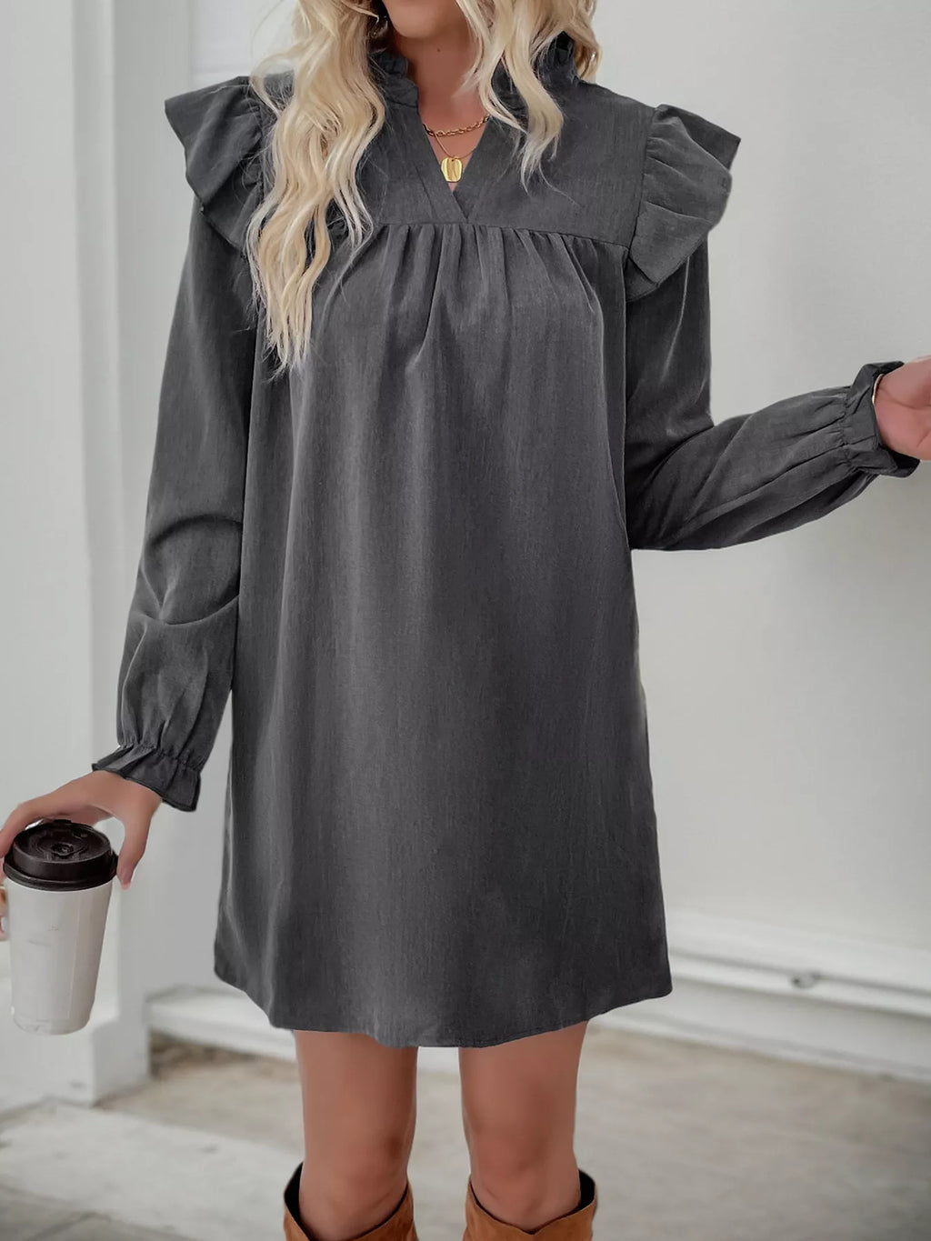 Ruffled Notched Long Sleeve Dress (8)
