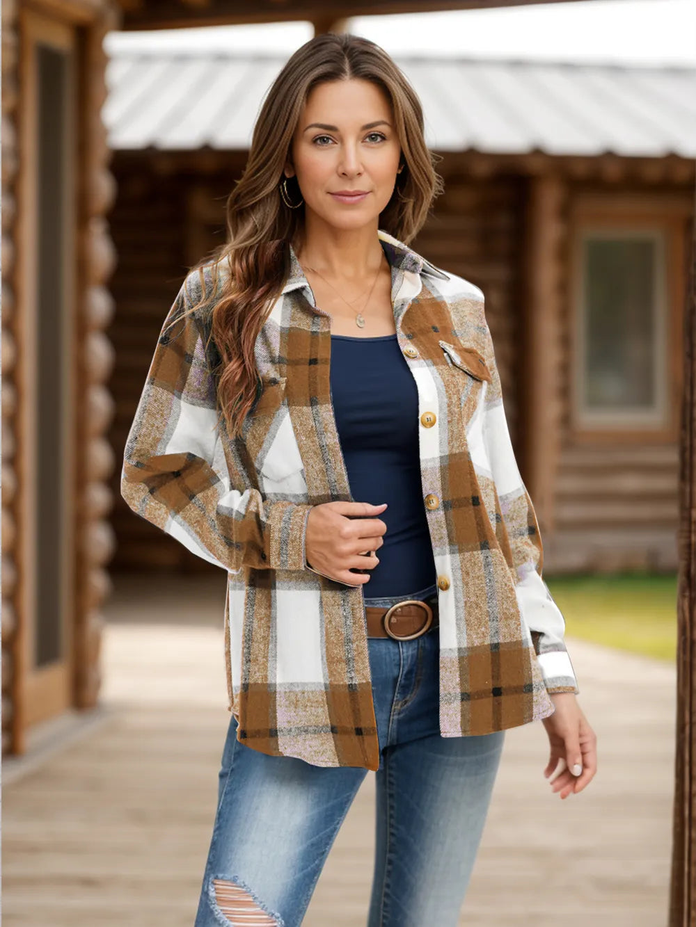 Full Size Pocketed Plaid Collared Neck Shacket (4)