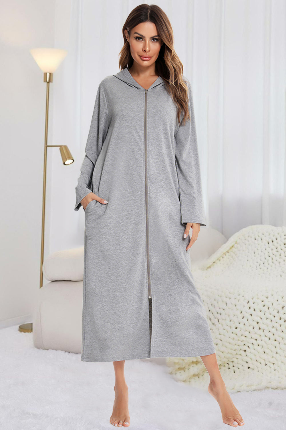 Zip Front Hooded Night Dress Pockets