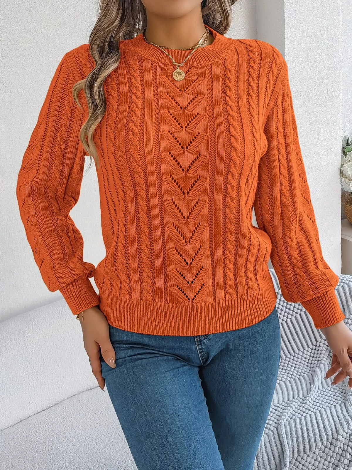 Cable-knit Round Neck Sweater (4)