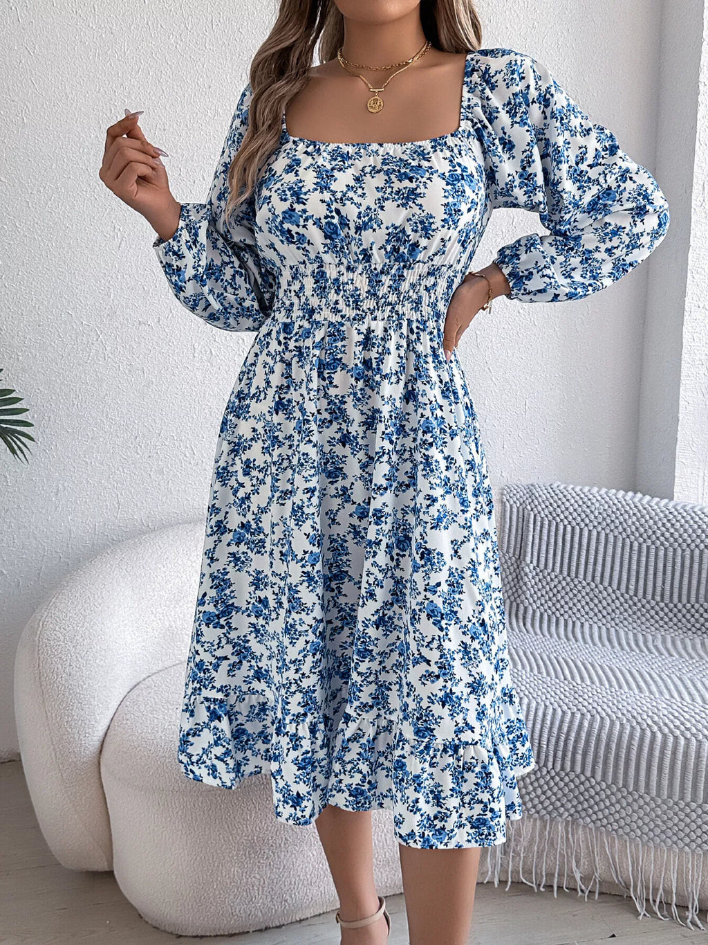 Floral Print Long Sleeve Square Neck Midi Dress (12)