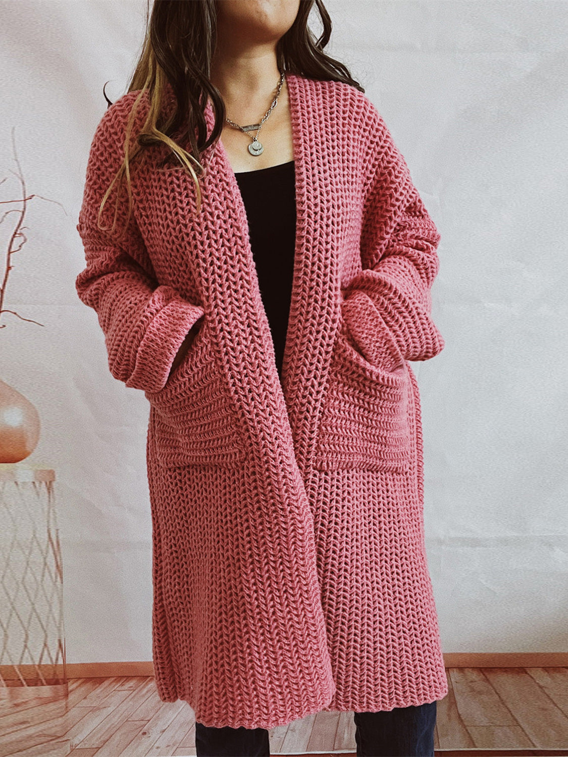 Open Front Long Sleeve Cardigan Pockets