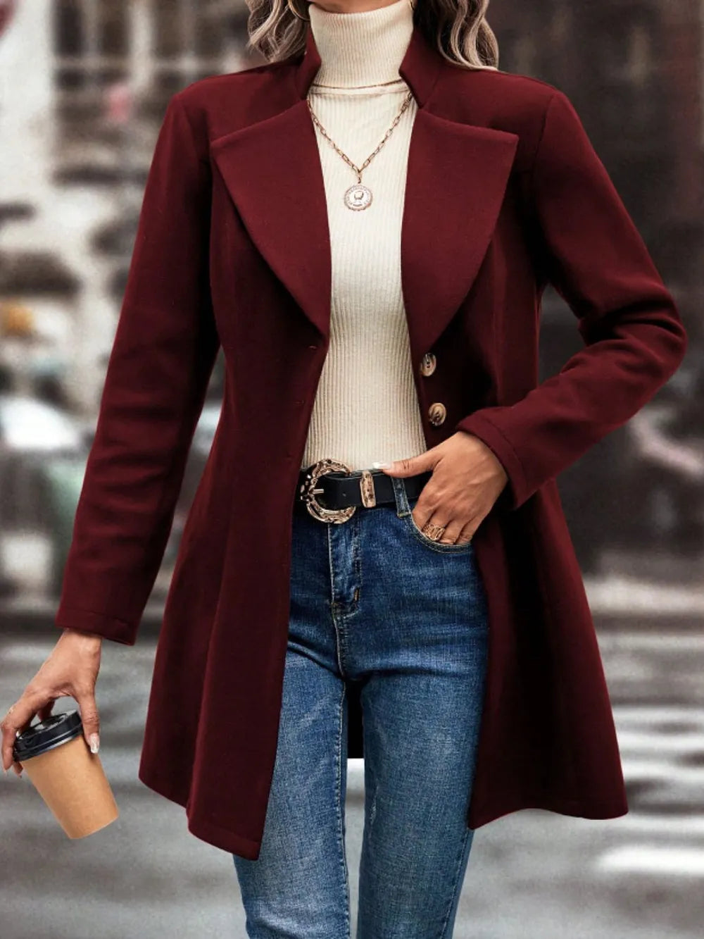 Collared Neck Button Up Long Sleeve Coat (4)