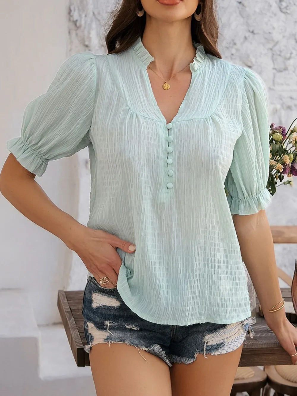 Frill Notched Short Sleeve Blouse (13)