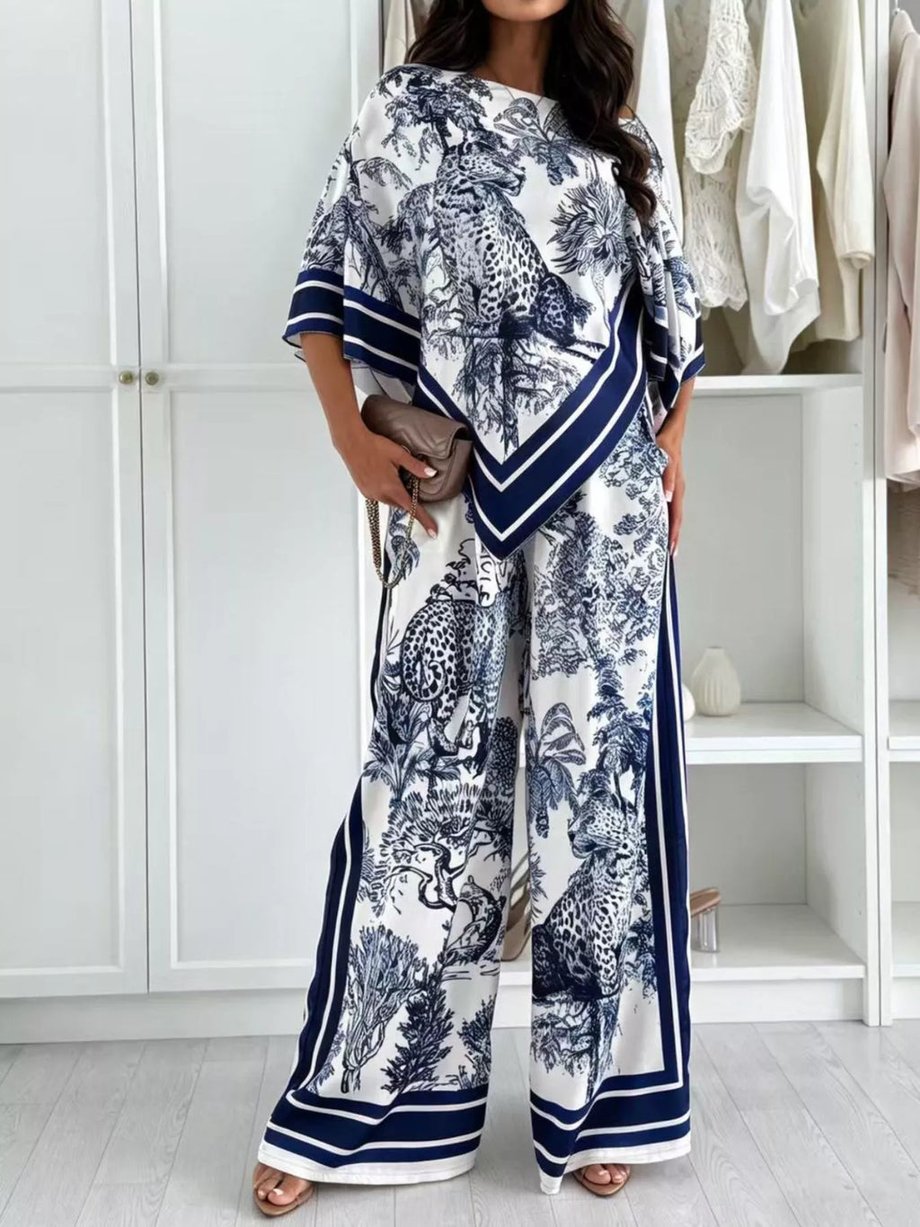 Asymmetrical Printed Top Wide-leg Pants Set