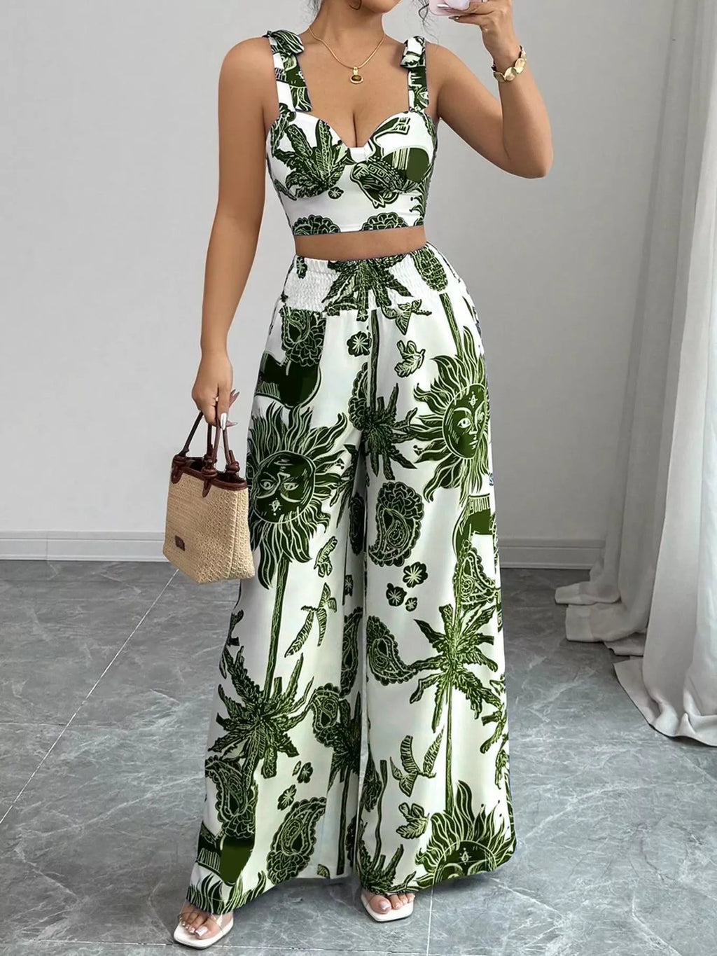 Floral Print Crop Top Wide Leg Pants Set (7)