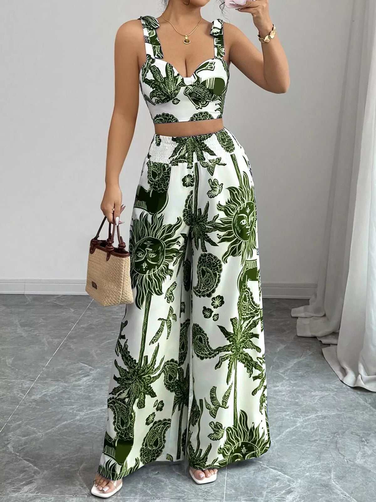 Floral Print Crop Top Wide Leg Pants Set (7)
