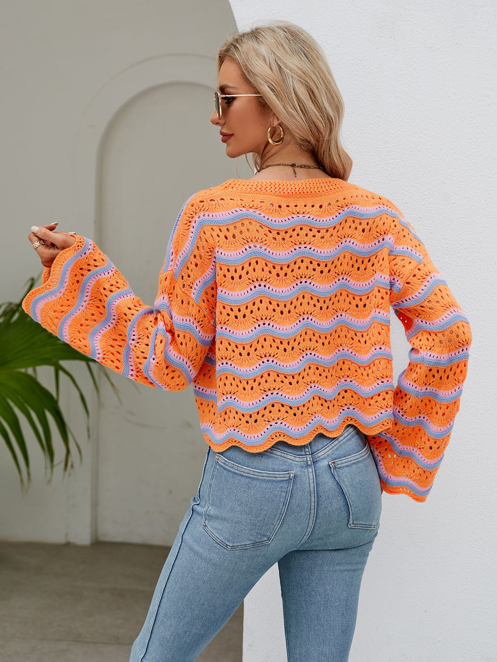 Round Neck Openwork Flare Sleeve Knit Top (2)
