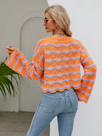 Round Neck Openwork Flare Sleeve Knit Top (2)