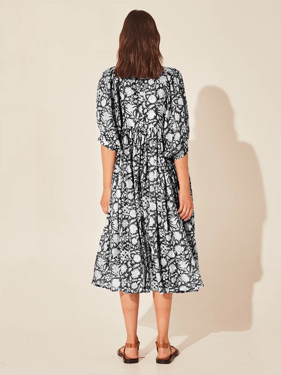 Floral Tie Neck Lantern Sleeve Dress (9)
