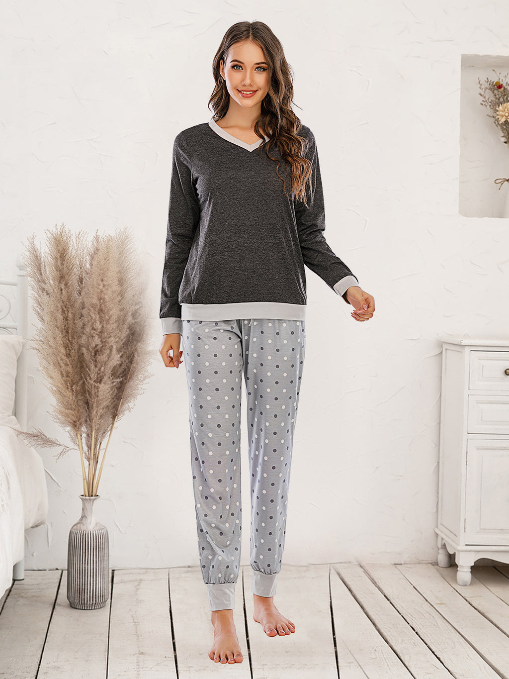 Long Sleeve Top Polka Dot Pants Set