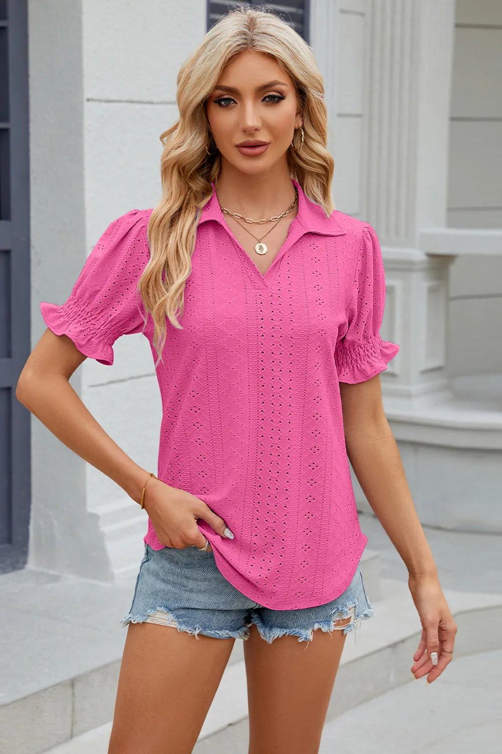 Eyelet Johnny Collar Short Sleeve Blouse (26)