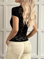 Elegant Short Sleeve Lace Blouse Bow (8)