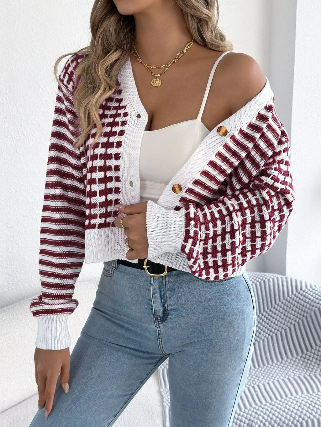 Striped Button-up Cropped Cardigan (3)