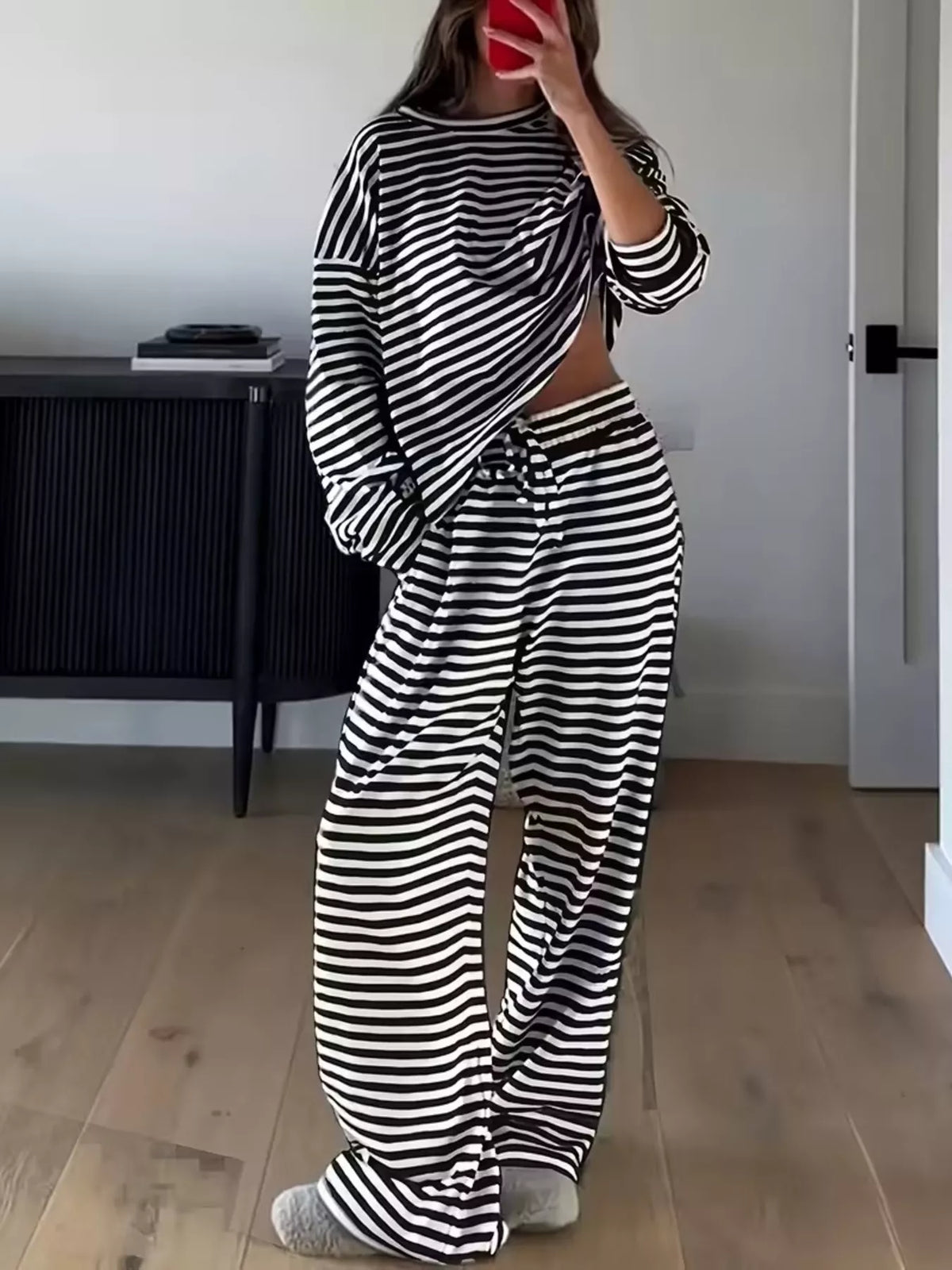 Striped Dropped Shoulder Top Pants Set
