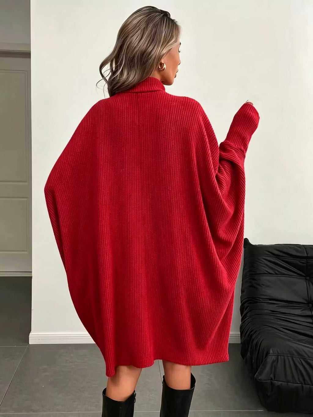Oversized Batwing Sleeve Ribbed Knit Turtleneck Dress (12)