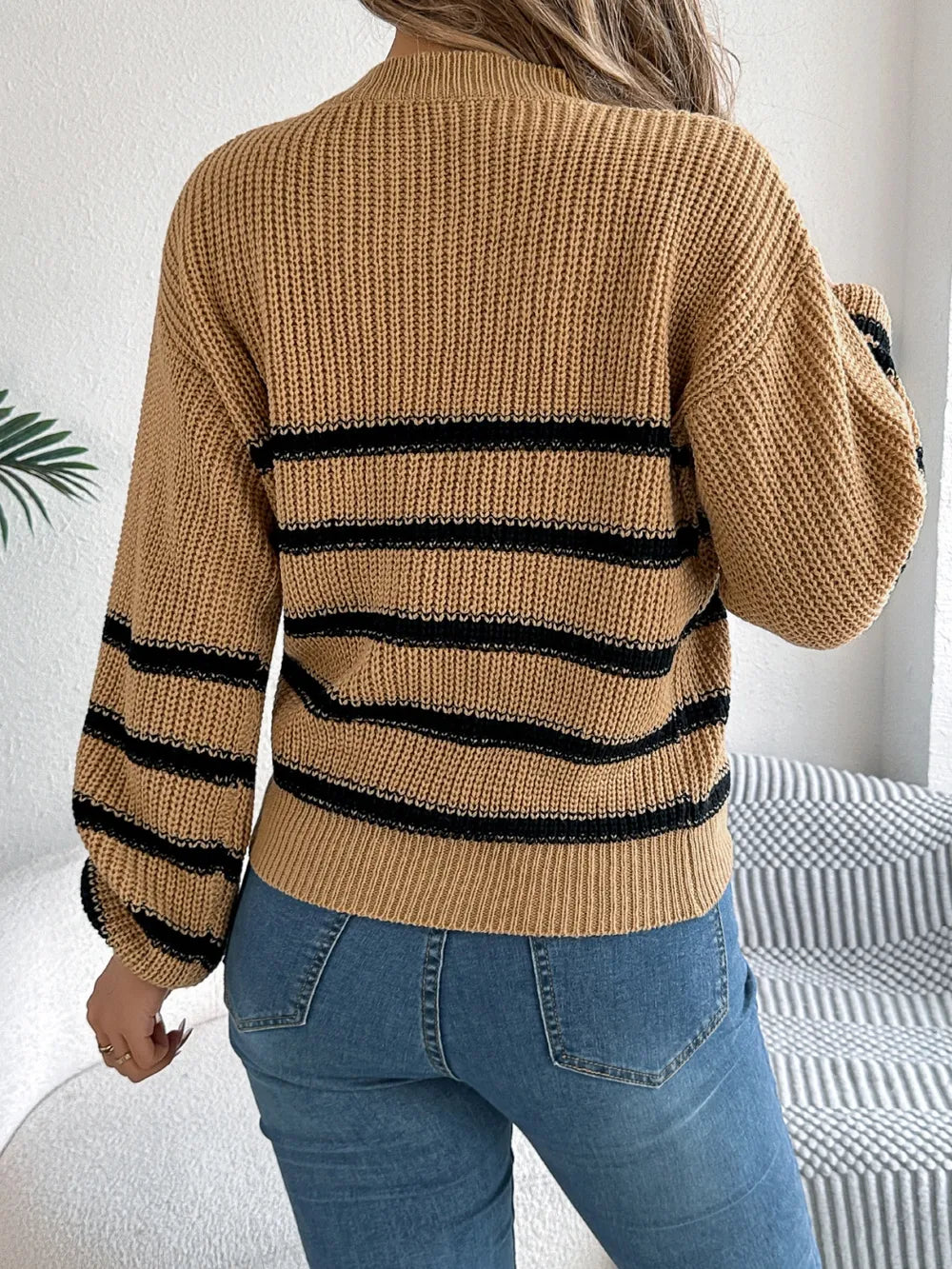 Striped Round Neck Long Sleeve Sweater (15)