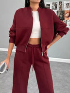 Baseball Collar Zip Up Outerwear Drawstring Pants Set (2)
