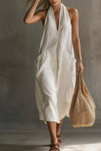 Casual Halter Neck Pocket Midi Dress (6)