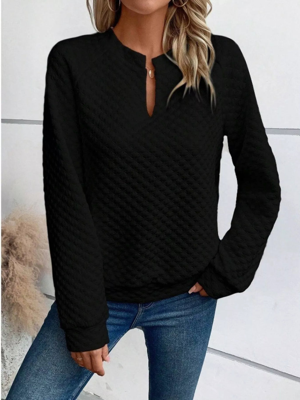 Textured Notched Raglan Sleeve Sweatshirt (4)