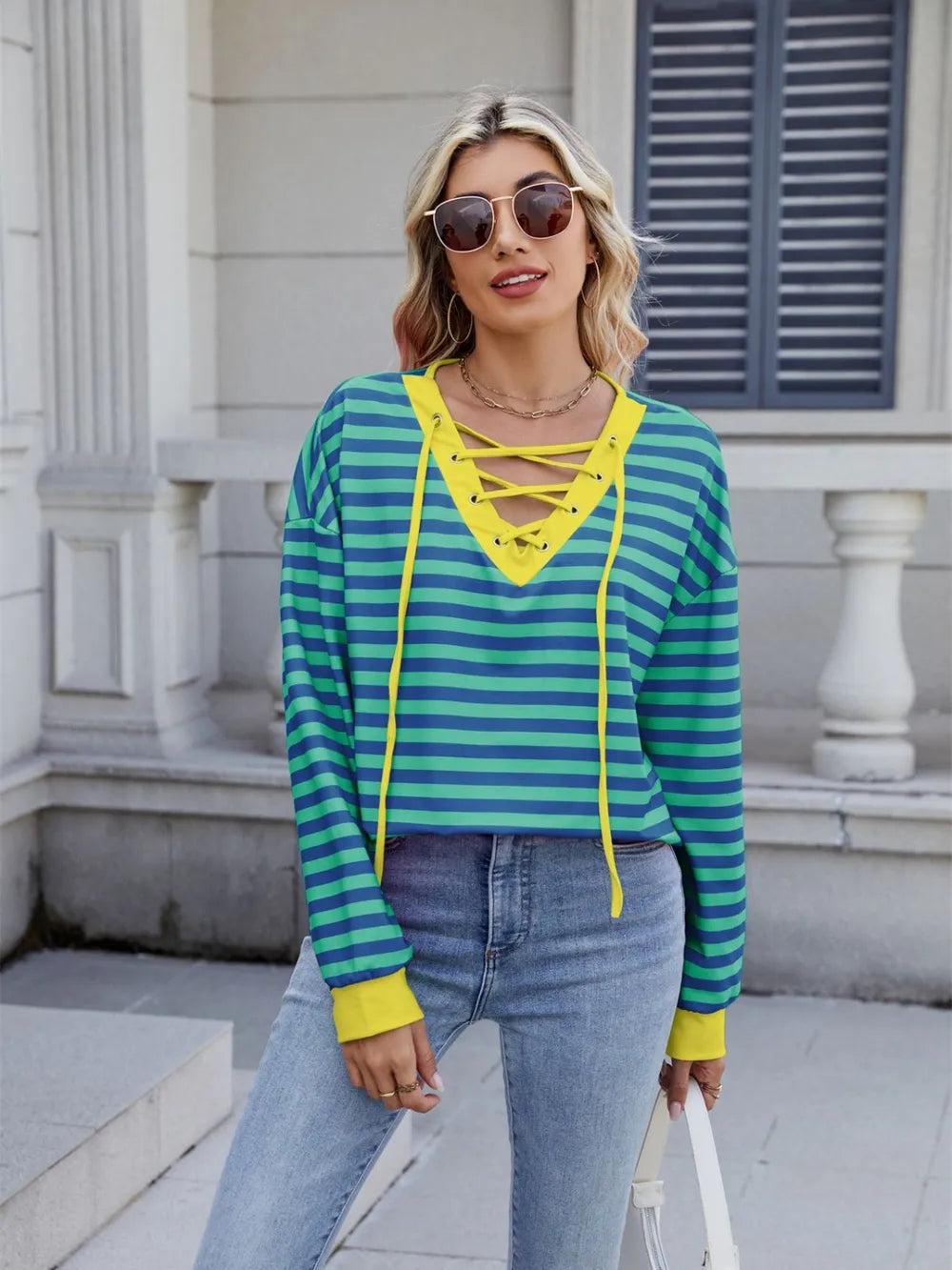 Lace-up Striped Long Sleeve T-shirt (15)
