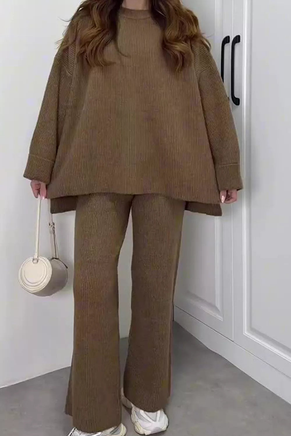 Dropped Shoulder Knit Sweater Wide Leg Pants Set (7)