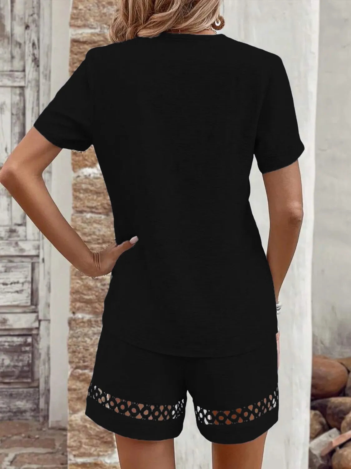 V Neck Short Sleeve Top Shorts Set (9)