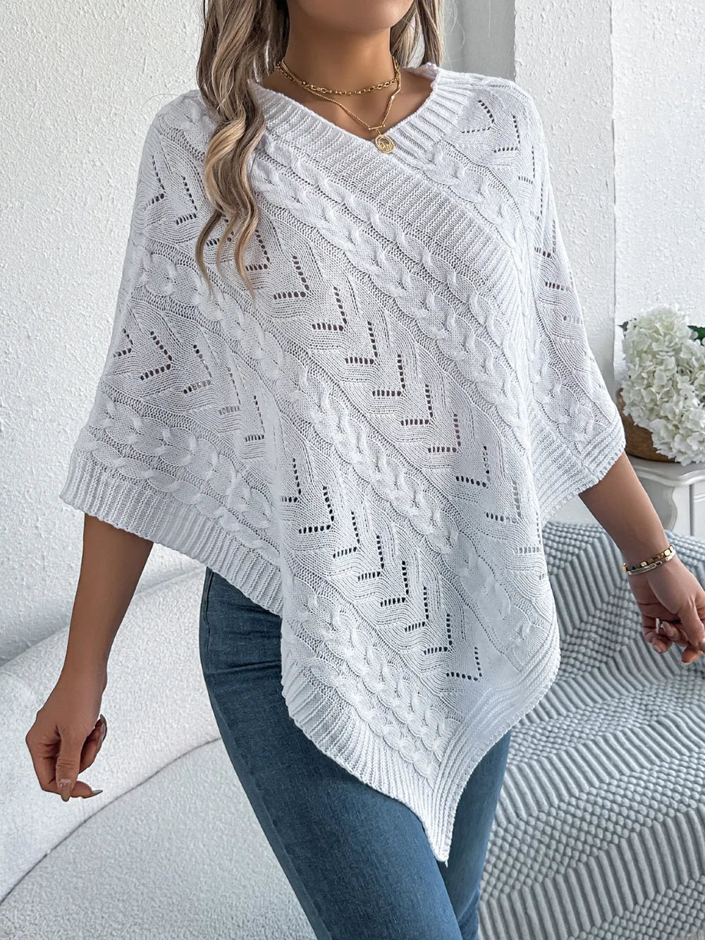 Cable-knit Openwork Three-quarter Sleeve Sweater (6)