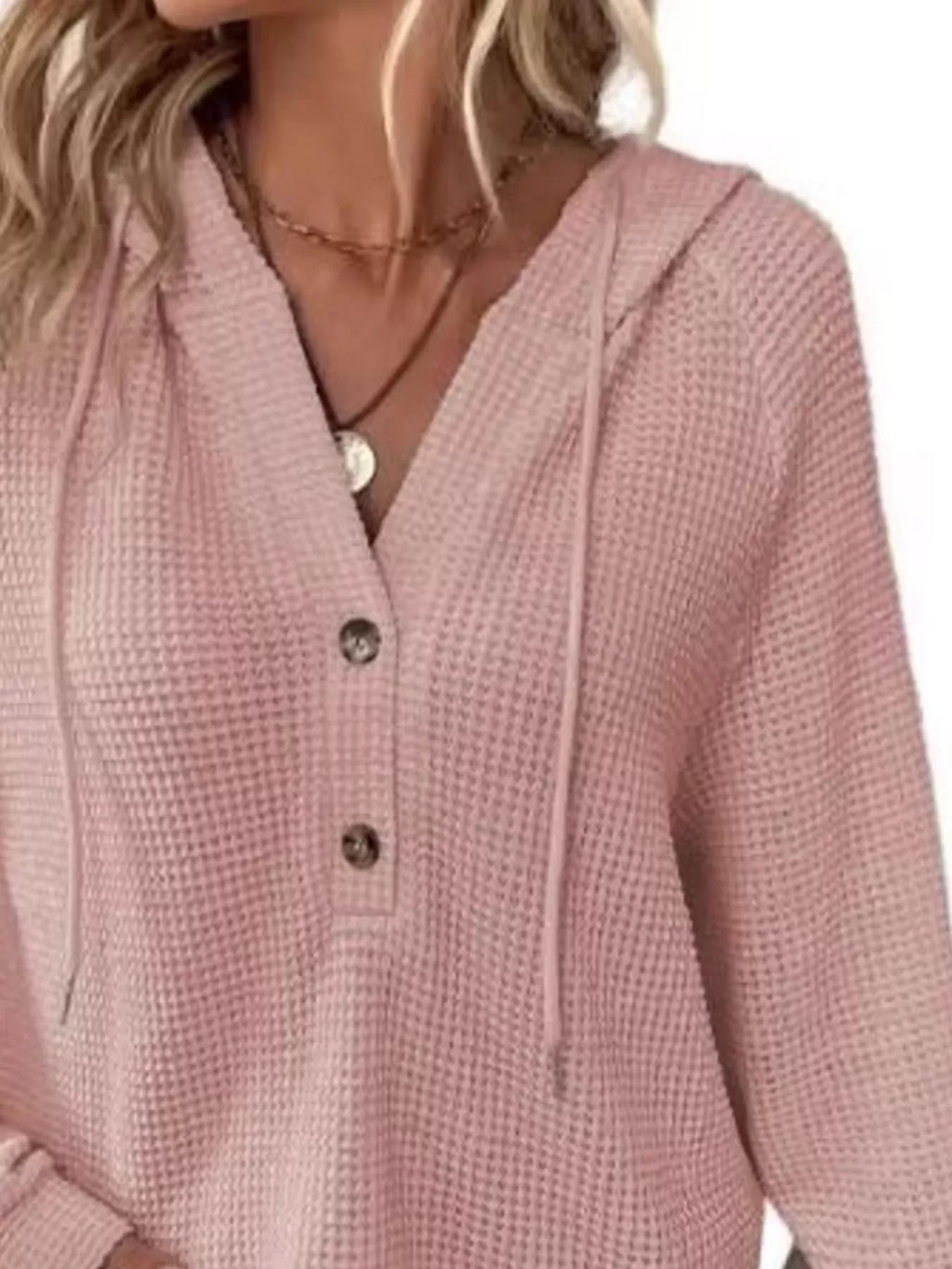 Full Size Button Detail Waffle Knit Hoodie Plus (8)