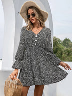 Decorative Button V-neck Flounce Sleeve Dress (8)